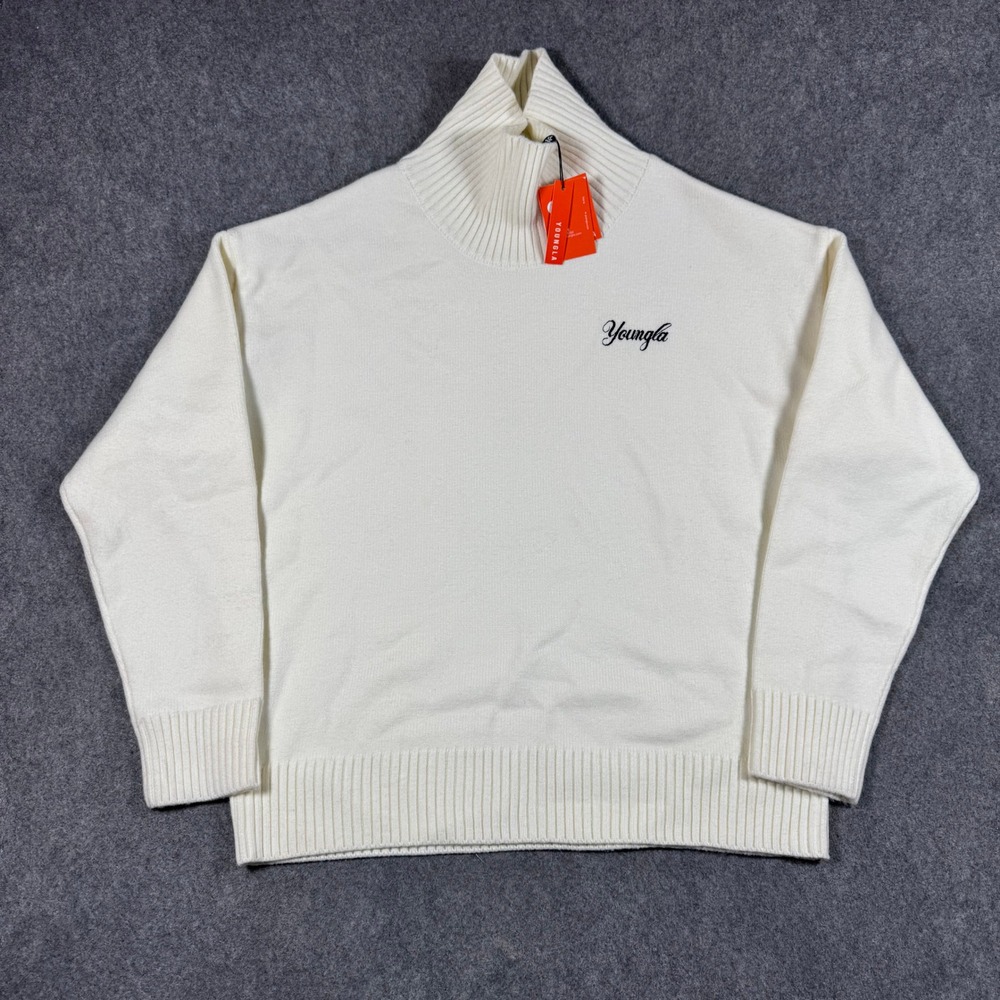 Youngla Sweater Mens Large Cream White 512 Silk Blend Mock Neck Script Logo NWT*